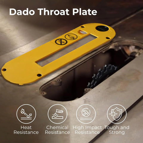 Heavy Duty Dado Throat Plate For 10 Inch Portable Table Saw sits flat over blade opening, showcasing its locking system and durable design.