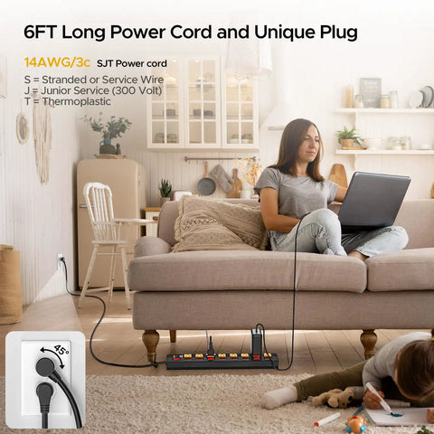 Heavy Duty 8 Outlet Metal Power Strip With Individual Switches 15A 1875W 6ft Cord under sofa in living room