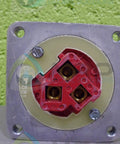 Rock Solid Industrial Power Receptacle Housing With Self Closing Spring Door Crafted Heavy For Serious 30 Amp 3 Wire Jobs Rated 600 Vac Handles 250 Vdc. Close-up of red socket with brass contacts on gray housing.