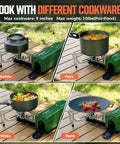 Portable Butane Camping Stove With Foldable Bucket Design Compact Gas Burner For Camping Emergency Use And Outdoor Cooking Sturdy Pot Support Carry Bag Included used with kettle, pot, wok, and pan on wooden table