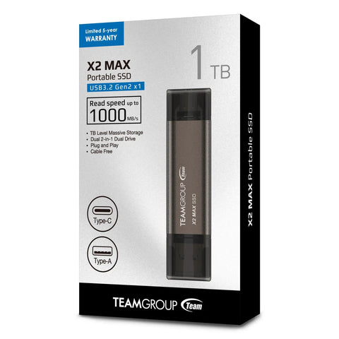Blazing Fast 1TB X2 Max Portable SSD With 1000 MB Per Second Transfer, Type C And Type A USB 3 Gen2 packaging