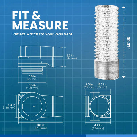 Blueprint with dimensions for Magnetic Dryer Vent Kit With 2.6 Foot Aluminum Duct And Clamps showing flexible hose design