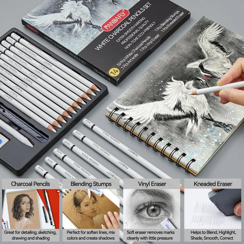 14 Piece White Charcoal Pencil Set For Drawing And Sketching, Pro Grade White Chalk Pencils With Art Knife, Erasers, Blending Stumps