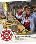 Woman holding a Shut Off Valve Knob With Red Handle For Water Fittings Gate Ball Valve on workshop table, iron material displayed inset.