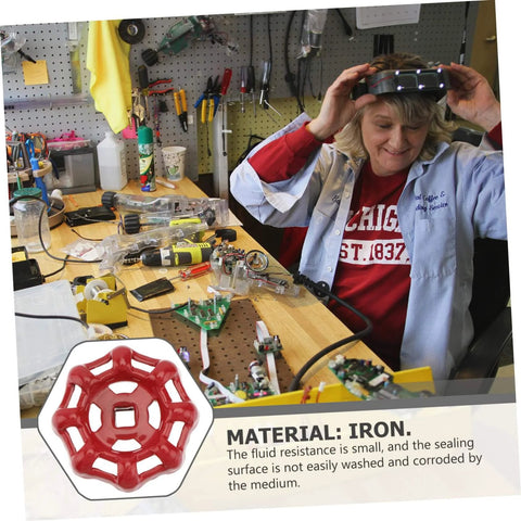 Woman holding a Shut Off Valve Knob With Red Handle For Water Fittings Gate Ball Valve on workshop table, iron material displayed inset.