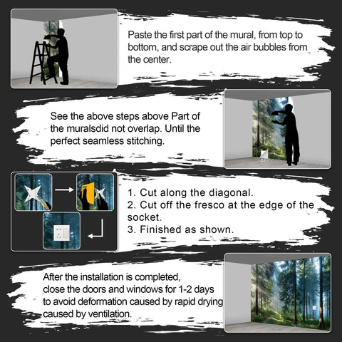 Nature Forest Tree Mural 195x120 Inches Fabric Wallpaper installation steps and completed look with jungle backdrop.