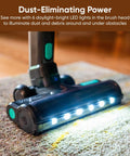 Featherlight Cordless Stick Vacuum Sweeping Up Every Scrap With Muscle Bound 20000 Pa Suction And True HEPA Filtration, LED light illuminating carpet.