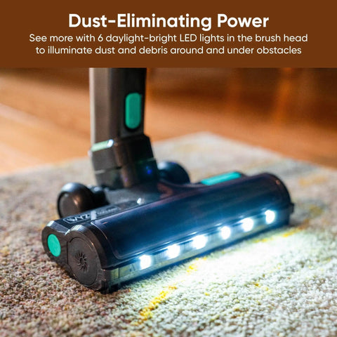 Featherlight Cordless Stick Vacuum Sweeping Up Every Scrap With Muscle Bound 20000 Pa Suction And True HEPA Filtration, LED light illuminating carpet.