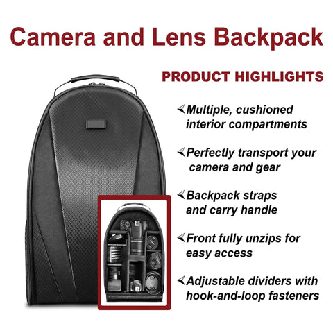 Camera and lens backpack with cushioned compartments, unzipped to show interior, part of DSLR Camera Bundle With EF-S 18-55mm Lens.