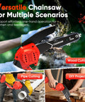 One Handed 6 Inch Cordless Mini Chainsaw With Dual Batteries For Quick Tree Trimming And Yard Cleanup, red in use on wood