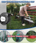 Person using 100 Ft 1/2 Inch Retractable Garden Hose Reel With Auto Rewind, Wall Mount Enclosed Storage on a lawn