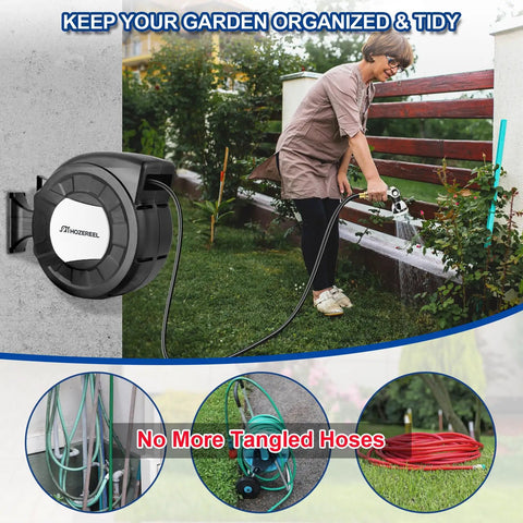Person using 100 Ft 1/2 Inch Retractable Garden Hose Reel With Auto Rewind, Wall Mount Enclosed Storage on a lawn