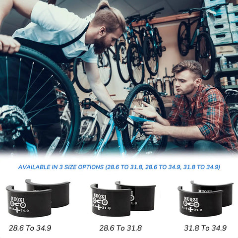 Front Derailleur Clamp Shim Spacer Kit For MTB And Road Bikes Easy Install With Multiple Size Options From 28.6 To 31.8, 28.6 To 34.9, And 31.8 To 34.9 Precision Fit For Tight Shifts And Smooth Upgrades shown with mechanics.