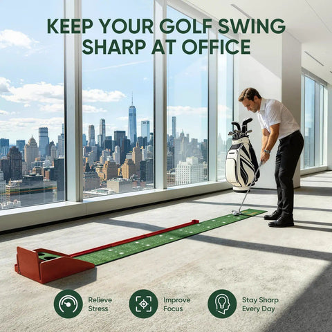 Indoor Putting Green With 3 Level Adjustable Incline For Uphill Putts Auto Ball Return Foldable Solid Wood Base Easy Home Office Backyard Practice Mat For Realistic Roll Pro Grade Feel Quick Setup And Fun Golf Training setup in office