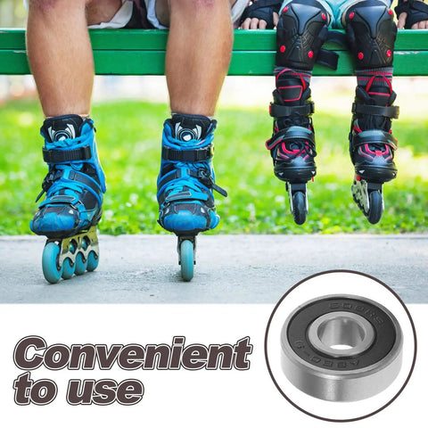 Sick 8 Piece 608RS Black Roller Skate Bearings With Pro Grade Carbon Steel Design For Loud Spins And Low Friction Glide Runs Smooth On Indoor Quads Or Longboards At Night No Grind Resistance Or Squeaky Wheels Ruining Your Ride Quality. 608RS bearing on inline and quad skates