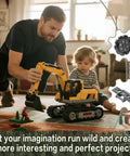 Father and child playing with 162 Piece Tank Track And Wheel Set Kit With Treads Chain Links And Track Wheels for building.