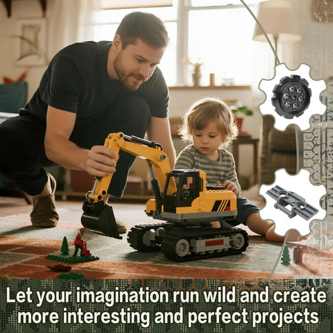 Father and child playing with 162 Piece Tank Track And Wheel Set Kit With Treads Chain Links And Track Wheels for building.