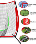 Portable 7x7 Baseball Practice Net For Batting Hitting And Pitching, Heavy Duty Steel Frame, Baseball Tee, Carrying Bag, Quick Setup features