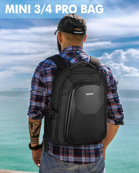 Person wearing Waterproof Hard Case For DJI Mini 4 Pro And Mini 3 Pro, Rugged Drone Travel Backpack outdoors by sea