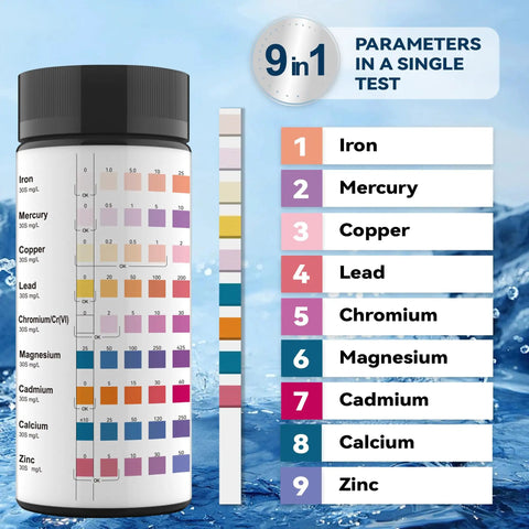 Hassle Free Nine Parameter Heavy Metal Water Test Strips At Home Water Quality Checks With 100 Sheets quick visual snap for contaminants.