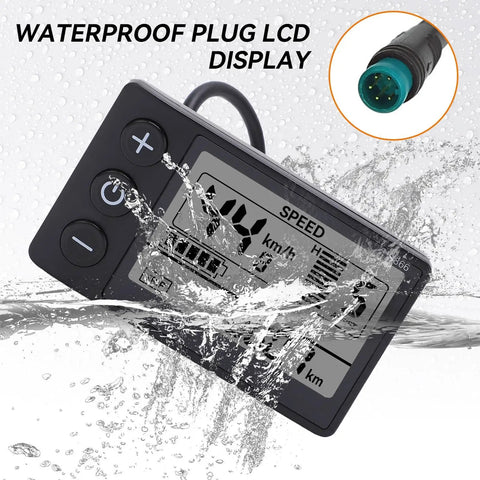 All In One Electric Bike LCD Display Meter 24V to 60V Control Panel with Waterproof Connector, shown with water splash effect.