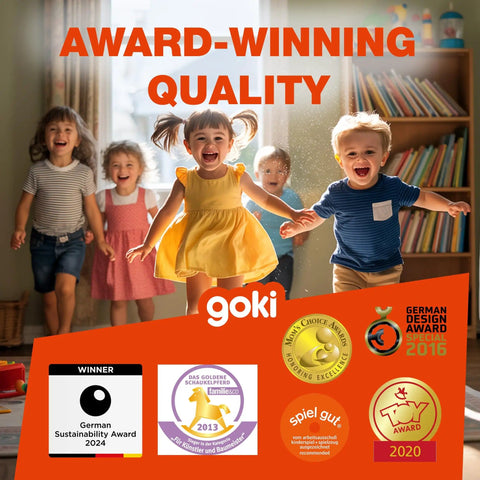 Children playing joyfully in a room, showcasing award-winning quality by Goki with multiple accolades displayed.