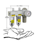 Compact Three Stage Air Drying System With One Quarter Inch NPT Fittings, showing dimensions and manual drain, poly bowl visible.