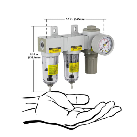 Compact Three Stage Air Drying System With One Quarter Inch NPT Fittings, showing dimensions and manual drain, poly bowl visible.