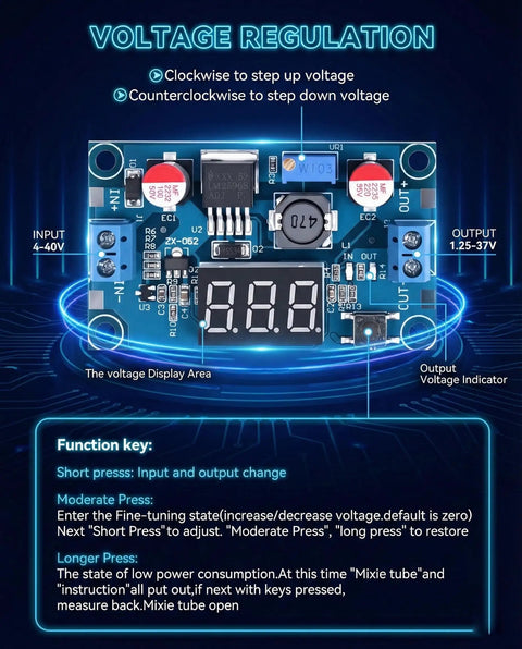 Adjustable DC Buck Converter Module With Digital Voltage Meter Display Input Four To Forty Volts Output One Point Two Five To Thirty Seven Volts Three Amps Pack Of Two Dope LED Readout For DIY Enthusiasts And Hobbyists with LED screen visible