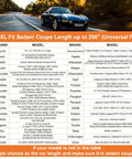 Car on road with chart displaying 3XL fit sedan and coupe models up to 200 inches, including various car brands and models.