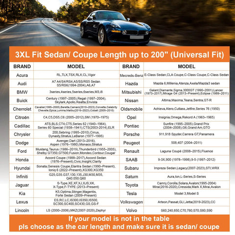 Car on road with chart displaying 3XL fit sedan and coupe models up to 200 inches, including various car brands and models.