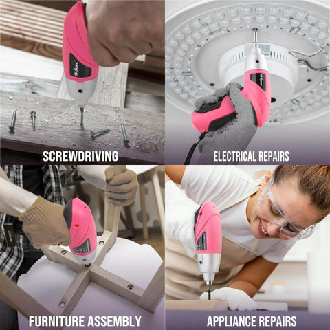 Pink Cordless Electric Screwdriver Kit For Quick Home Repairs And DIY used in various tasks like furniture assembly and electrical repairs.