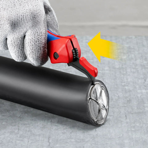 Stripping Knife With Sliding Shoe And Ratchet Function For Tough Plastic Sheaths Up To 7 mm Wall Thickness in use on cable.