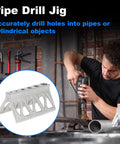 A handheld pipe drill jig that centers the bit on pipes and cylinders, used in plumbing and metalwork with visible drill holes.