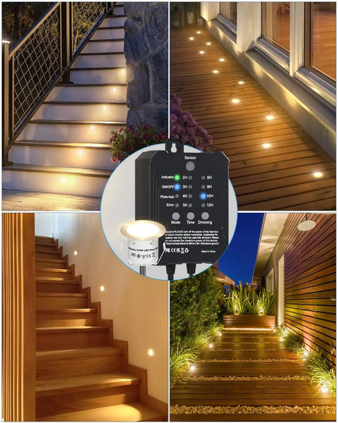 All In One Low Voltage Deck Lights Kit With Transformer Dimmable Timer And Photocell Sensor in various outdoor settings