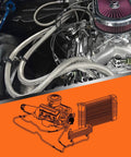 Close-up of 70 Inch Braided 6AN Transmission Cooler Hose Kit installation with engine and diagram for TR6060 C5 C6 AOD 4L60E 4L80E