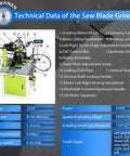 Technical data display of Heavy Duty Fully Automatic Circular Saw Blade Grinder For 100 To 800Mm Blades with features and settings.
