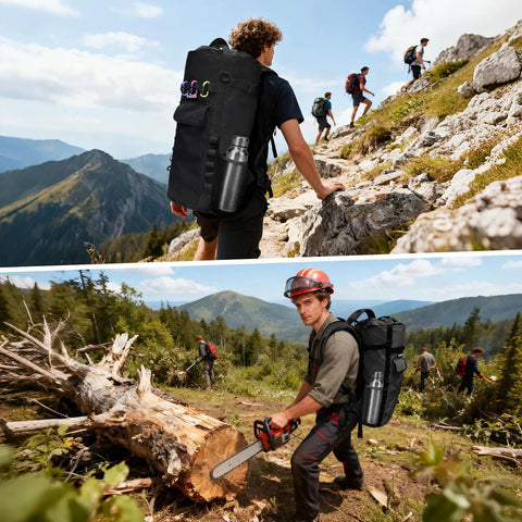Hikers with Rugged Large Capacity Climbing Rope Bag Built For Outdoor Climbers, Waterproof Oxford Shell, in mountain scenery