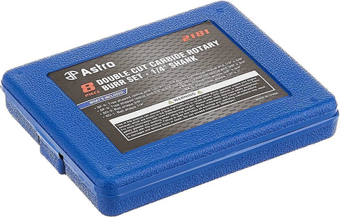 Astro 8-piece double-cut carbide rotary burr set in blue blow-molded case, 1/4 in shank