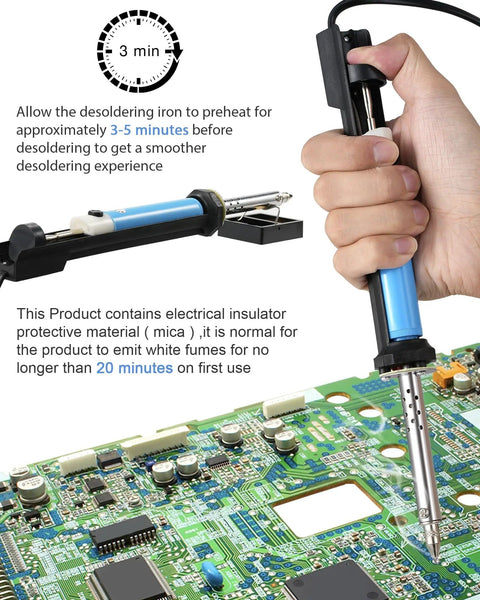 Desoldering Iron Solder Sucker Pro Grade 2 In 1 Tool 110V Desoldering Pump used on PCB with hand operation shown.