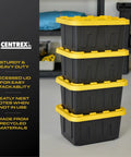 Heavy Duty 5 Gallon Stackable Storage Bins With Lids, Weather Resistant Plastic Organizer Set, 6 Pack, stacked and organized