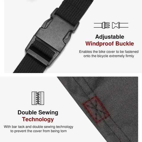 Two Bike Rack Cover For Car Hitch Waterproof 600D Outdoor Bike Cover showing windproof buckle and double sewing technology.