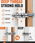 Heavy Duty Metal Self Drilling Drywall Anchors Featuring Dual Sized Screws, showing strong grip and deep thread comparison in wall.