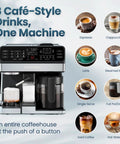 Straight Fire Coffee Station Combining An Elite Espresso Brewer With A Heavy Duty Drip Maker For Pouring Creamy Lattes Or Bold Cappuccinos Plus K Cup Pod And Fresh Ground Compatibility All Day with touchpad and beverage options.