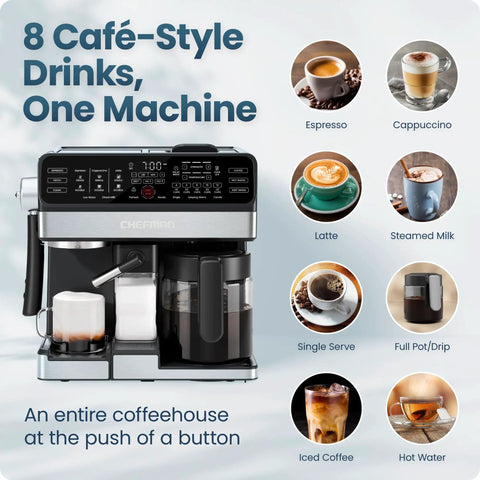 Straight Fire Coffee Station Combining An Elite Espresso Brewer With A Heavy Duty Drip Maker For Pouring Creamy Lattes Or Bold Cappuccinos Plus K Cup Pod And Fresh Ground Compatibility All Day with touchpad and beverage options.