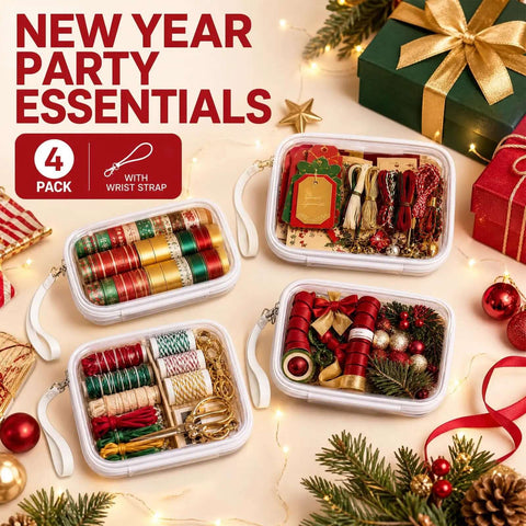 Clear Hard Shell Zipper Cases 4 Pack On The Go Travel Organizer With Wrist Strap White holding ribbons and decorations for New Year parties.