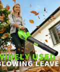 Woman using Cordless Leaf Blower With Dual 2.6Ah Batteries And Fast Charger Delivers 450 CFM And 150 MPH Two Speed Modes Lightweight