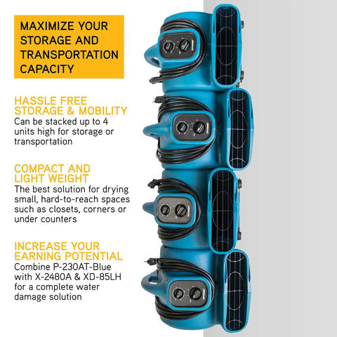 Stacked Powerful Quarter HP Centrifugal Air Mover Beast Delivers 925 CFM To Dry Carpets, Floors, Upholstery