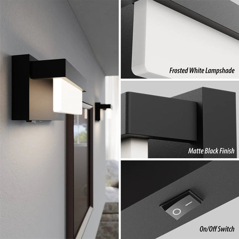 Modern Sleek Black Wall Sconce With On Off Switch 8 Inch LED Wall Lamp Acrylic White Lampshade 4000K Daylight Glow