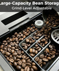 Large-capacity bean storage in Zero Fuss Automatic Espresso Machine With Built In Grinder, 19 Bar Coffee Maker for daily grind.